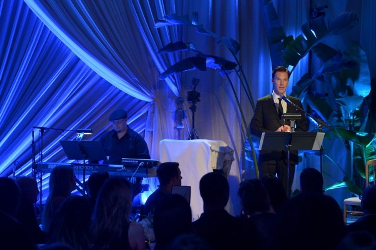 LOS ANGELES, CA - FEBRUARY 21:  Actor Benedict Cumberbatch speaks onstage during The Weinstein Company's Academy Awards Nominees Dinner in partnership with Chopard, DeLeon Tequila, FIJI Water and MAC Cosmetics on February 21, 2015 in Los Angeles, Califor at 