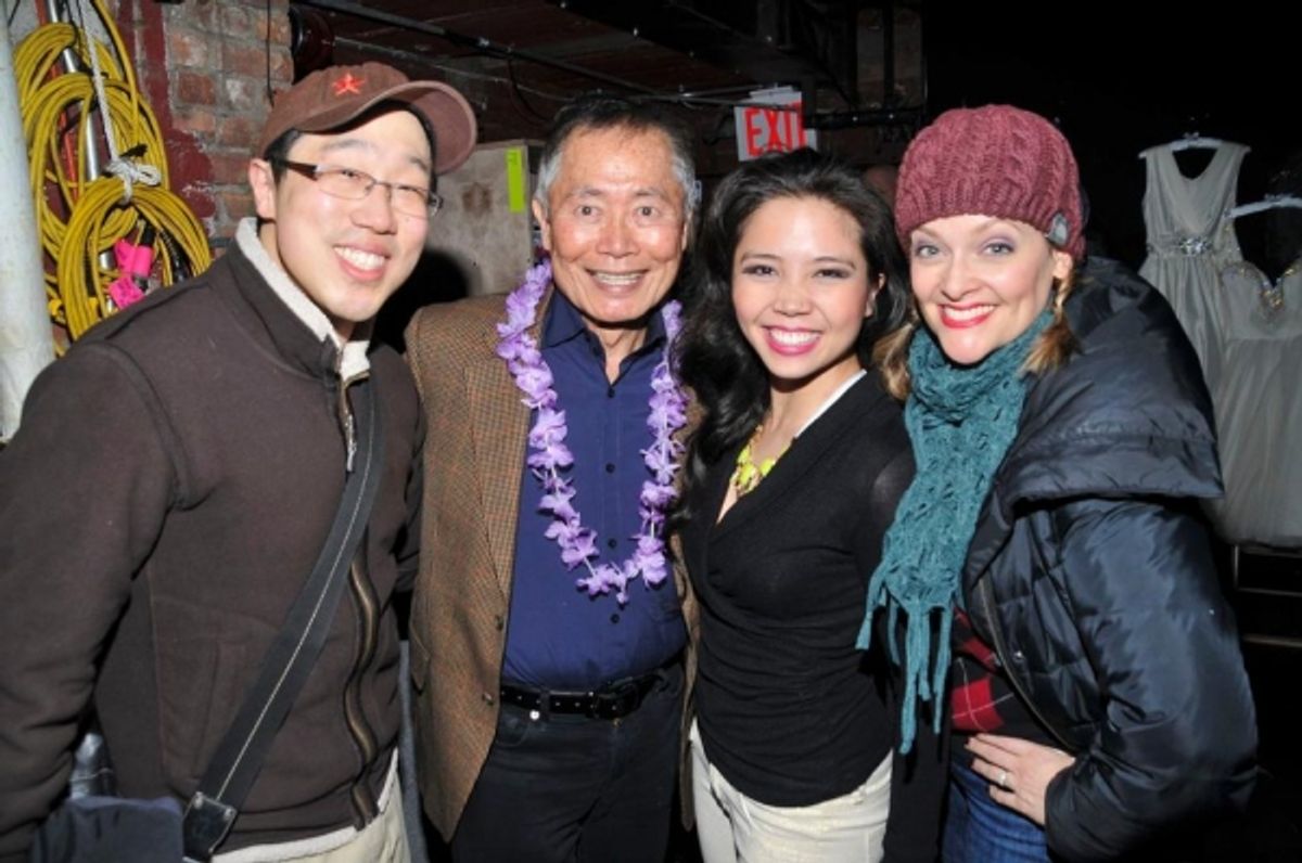 George Takei with ALLEGIANCE friends and HONEYMOON cast members Raymond J. Lee, Catherine Ricafort and Gaelen Gilliand at 