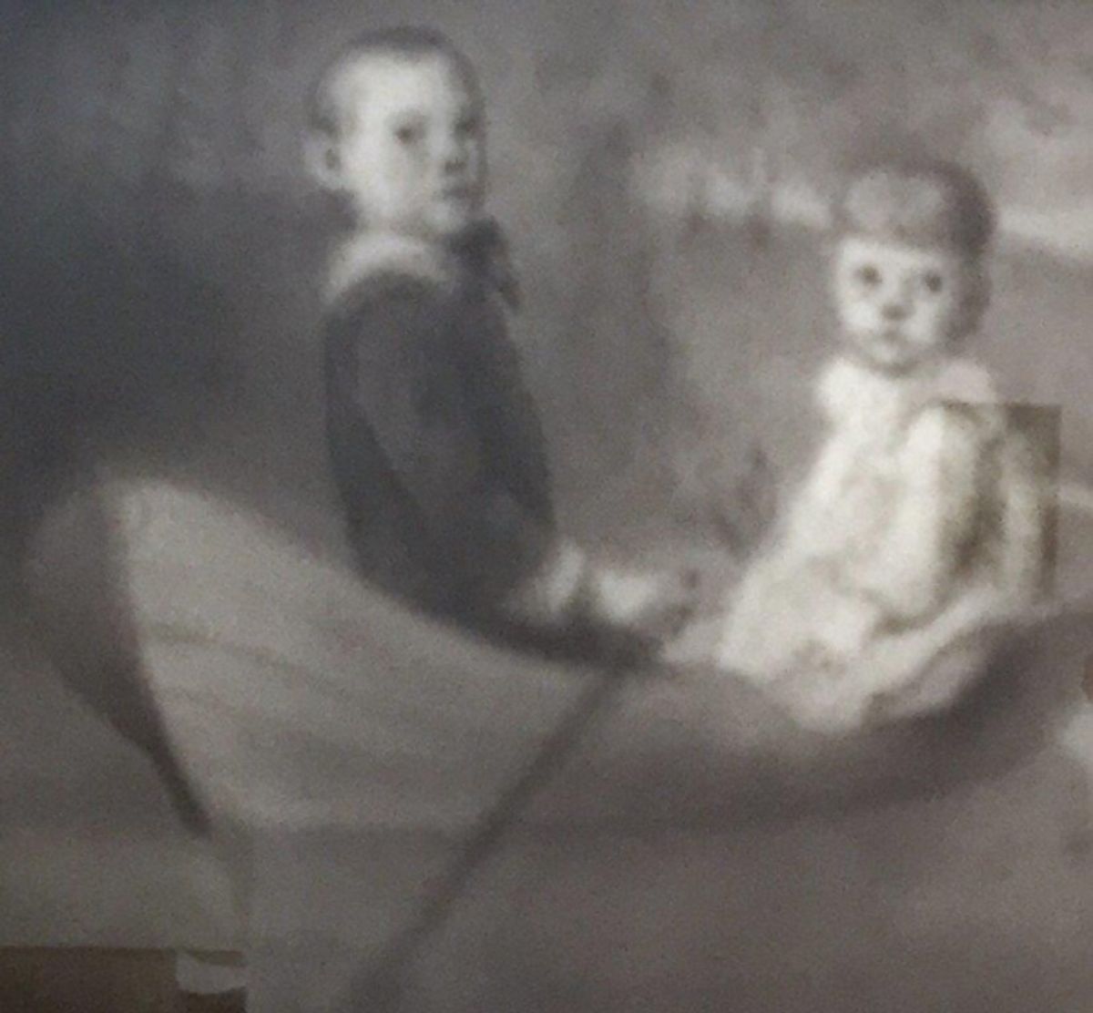 Sherry Kerlin, ink on paper portrait Two Children Floating in a Boat at First Look at Hudson Valley Center for Contemporary Art's Exhibition, LOVE: THE FIRST OF THE 7 VIRTUES