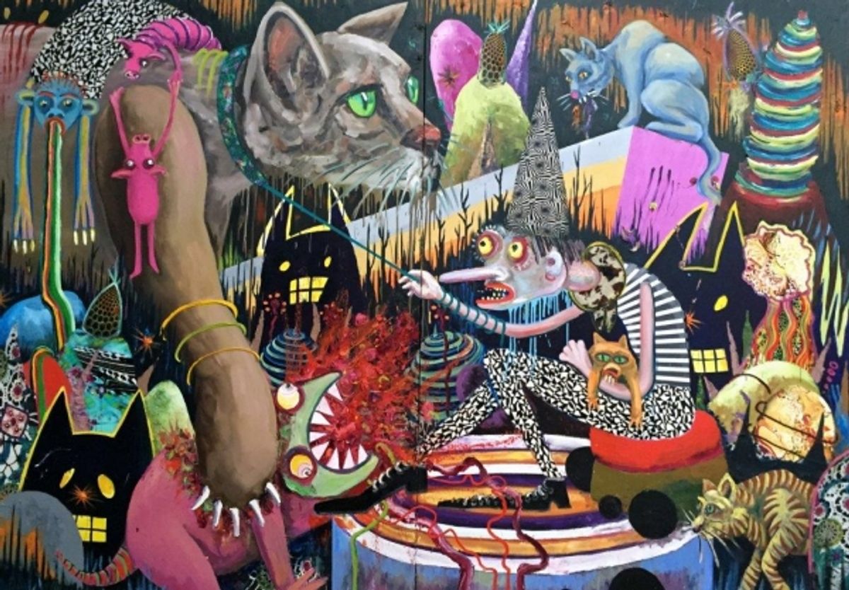 Stefanie  Gutheil, Big Cat Squeezing, diptych, oil and fabric on canvas at First Look at Hudson Valley Center for Contemporary Art's Exhibition, LOVE: THE FIRST OF THE 7 VIRTUES