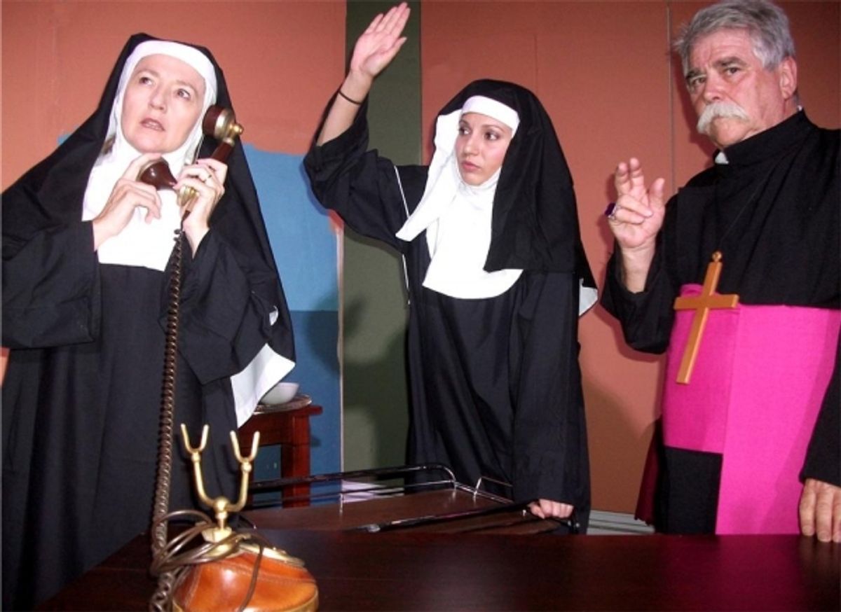 Archbishop Monticello (Rex Gray, right) worries about the money-making schemes devised by Sister Marilyn (Julia Trefeli, left) and Sister Vinnie (Valerie Dragojevic) at 