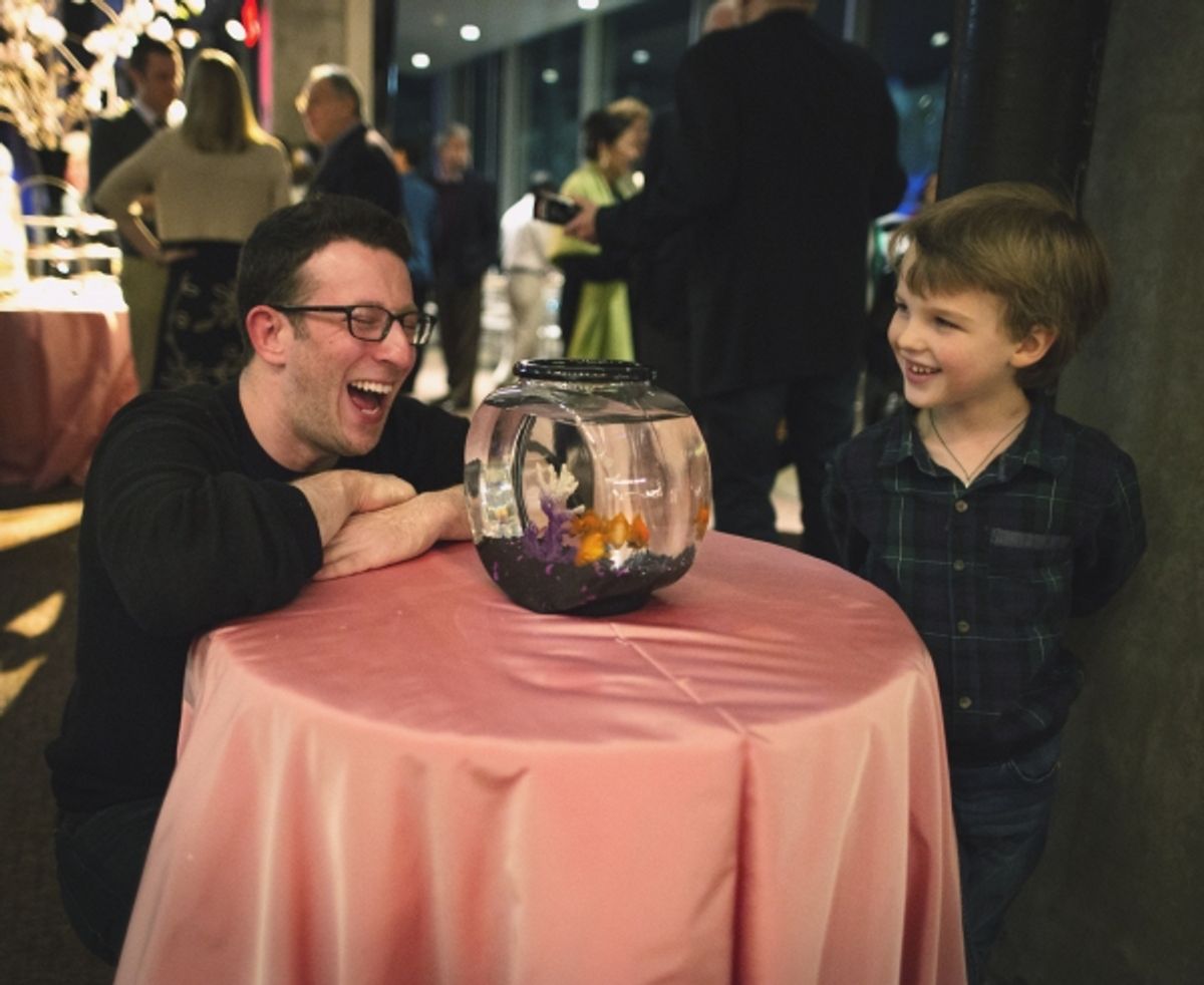 Nick Blaemire with internet sensation and theater critic Iain Armitage and the fish that star in Signature Theatreâ€™s world premiere production of SOON at 