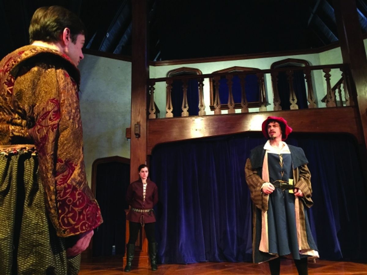 Zach Brewster-Geisz (Antonio), Tegan Williams (Jailor) and Ian Blackwell Rogers (Shylock) at 