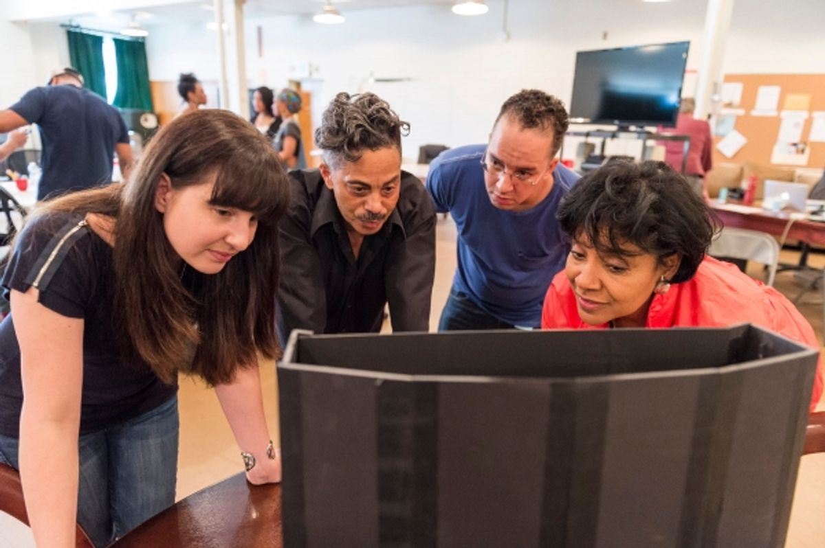 Lighting designer Elizabeth Harper, production stage manager David Blackwell, assistant director Jeremy Richards and director Phylicia Rashad at 