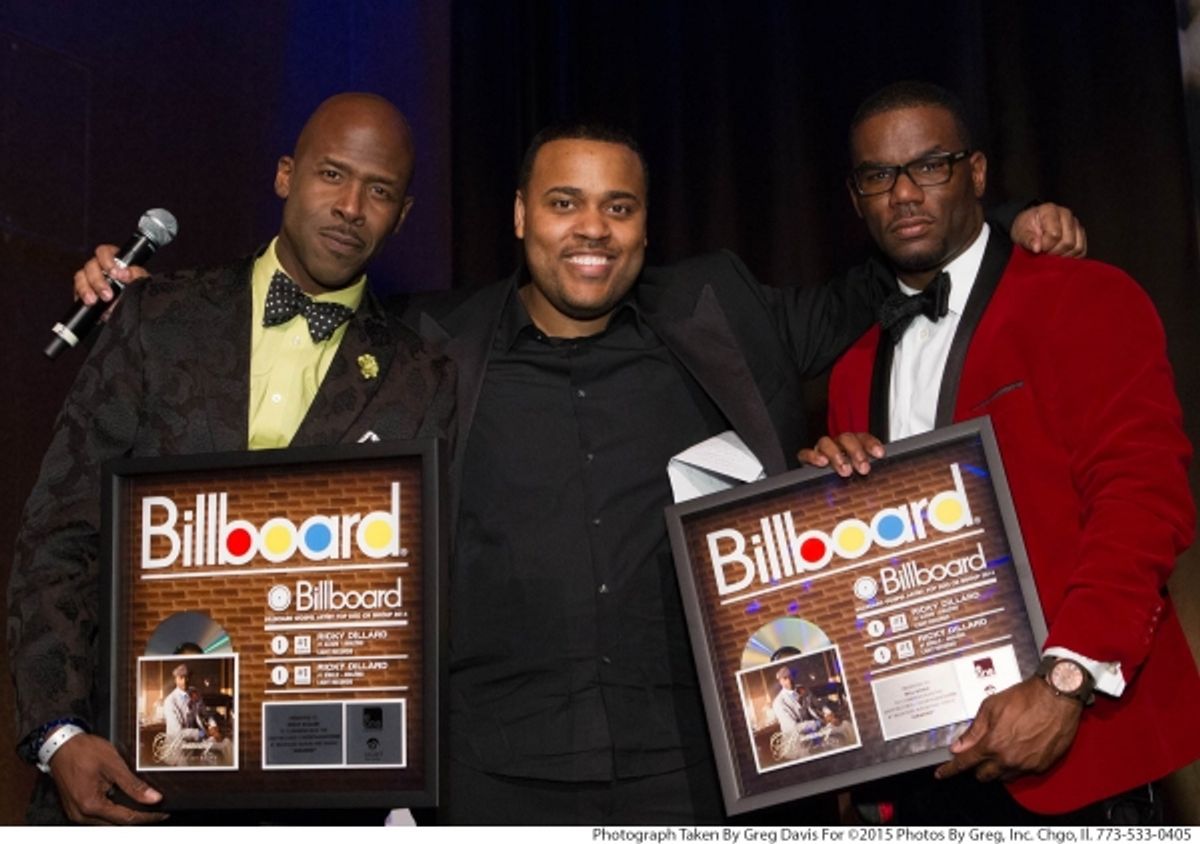 eOne Music Urban Inspirational General Manager and Vice President Phil Thornton (middle), presents commemorative plaques to Stellar Award winner Ricky Dillard (left) and Dillardâ€s manager Will Bogle (right), in honor of Dillardâ€s record-breaking hit s at 