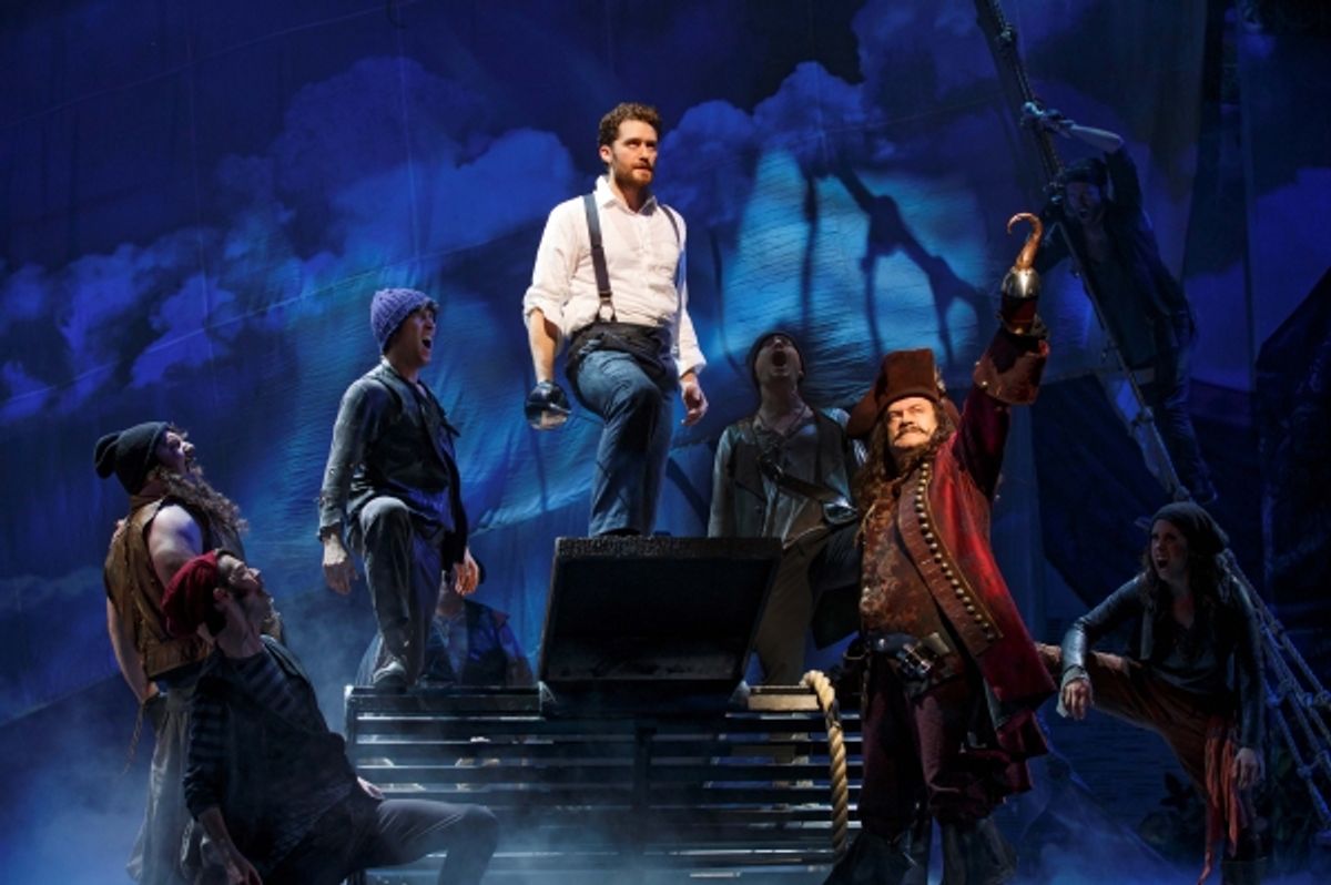 Matthew Morrison (center) and Kelsey Grammer (Captain Hook, front right) with the ensemble of FINDING NEVERLAND at 