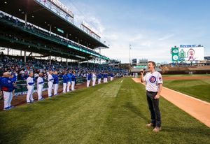 THE BOOK OF MORMON star David Larsen (Elder Price) sings the Chicago Cubs National An Photo