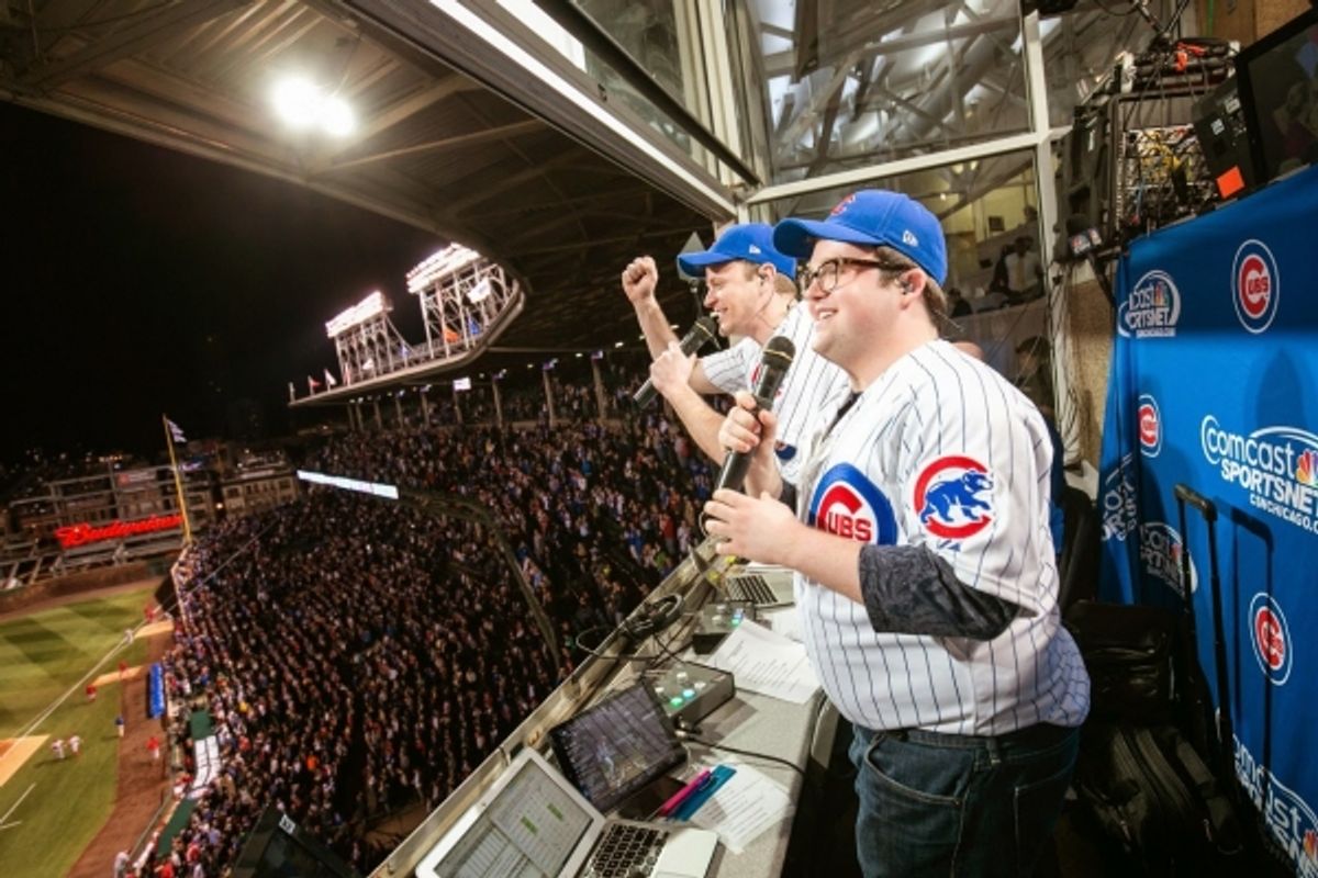 THE BOOK OF MORMON stars David Larsen (Elder Price) and Cody Jamison Strand (Elder Cunningham) lead the Chicago Cubs Seventh Inning Stretch. at 