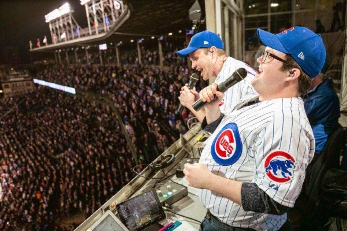 THE BOOK OF MORMON stars David Larsen (Elder Price) and Cody Jamison Strand (Elder Cunningham) lead the Chicago Cubs Seventh Inning Stretch. at 