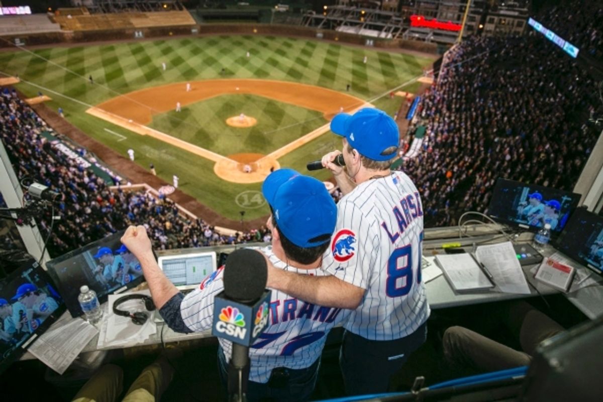 THE BOOK OF MORMON stars David Larsen (Elder Price) and Cody Jamison Strand (Elder Cunningham) lead the Chicago Cubs Seventh Inning Stretch. at 