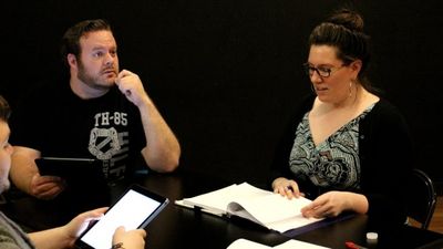 Matthew Martin (Ghostlight) rehearses a scene with Anna Kirkland as Karl Bohm for DER Photo
