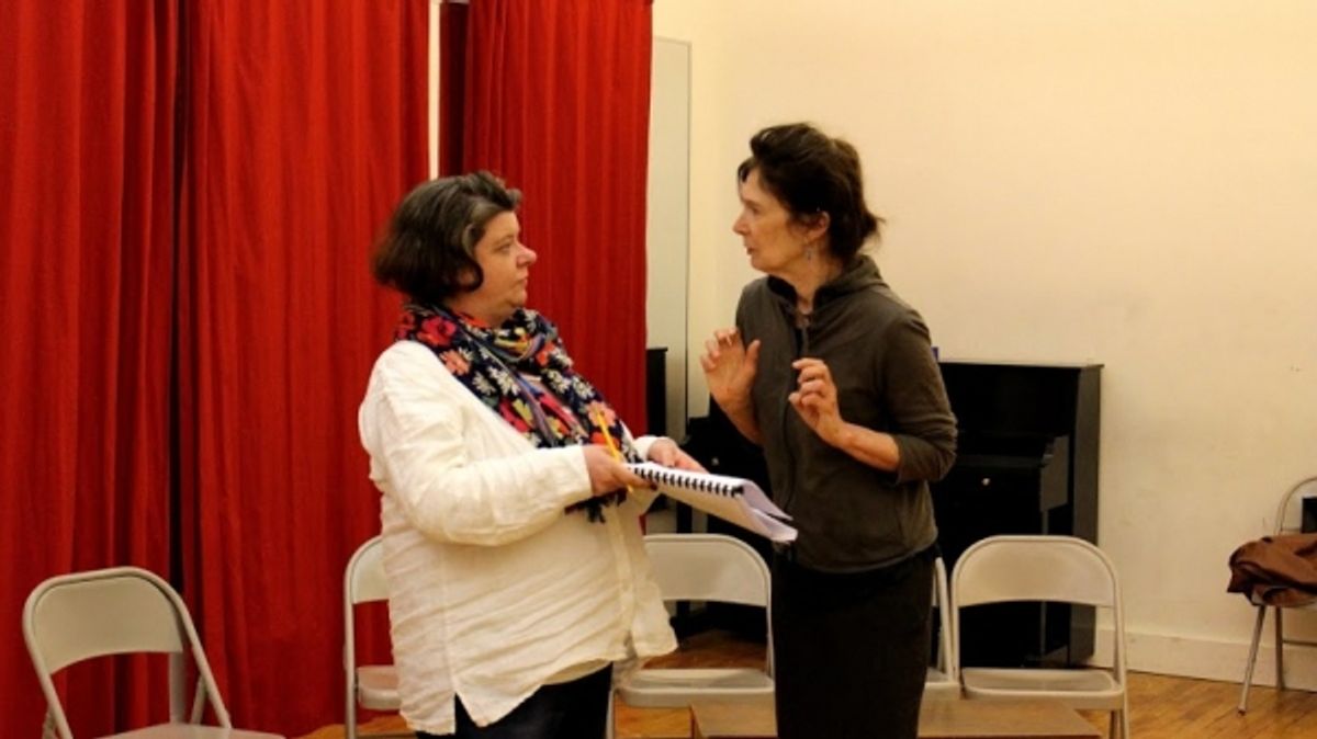 PennyLynn White (Alice B. Toklas) and Polly McKie (Gertrude Stein) rehearse a scene for LITTLE WARS at 