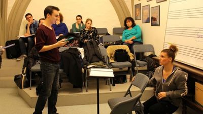 Brian Piehl (Robert Kennedy) and Kristen Gehling (Rosemary Kennedy) rehearse a scene  Photo