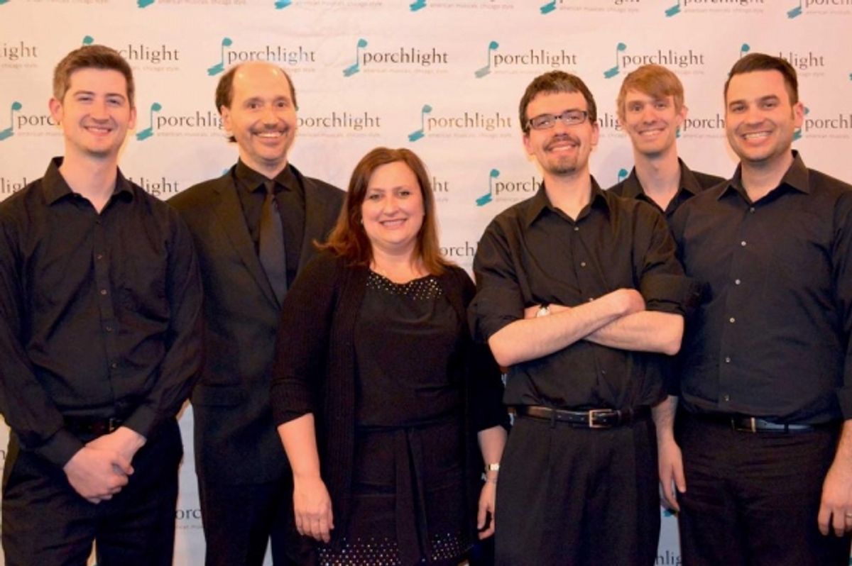 Corbin Andrick, Joey Zymonas, Porchlight Artistic Associate and Forum music director Linda Madonia, Bryant Millet, Dan Kristan and Jeff Livorsi at 