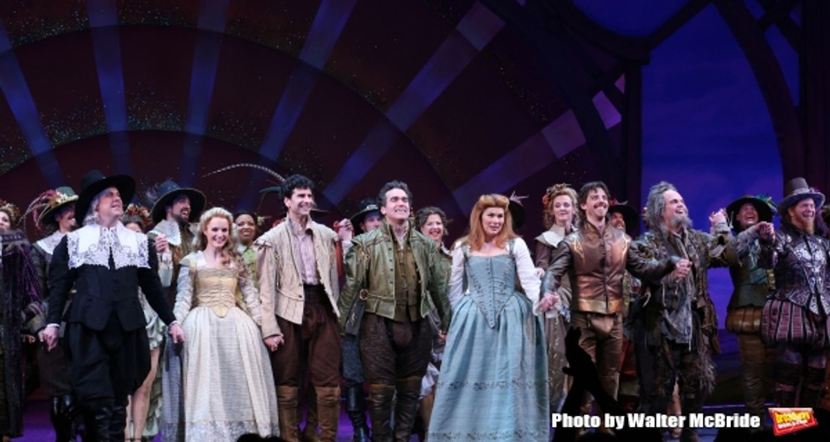 Brooks Ashmanskas, Kate Reinders, John Cariani, Brian d''Arcy James, Heidi Blickenstaff, Christian Borle, Brad Oscar and Peter Bartlett during the Broadway Opening Night Curtain Call for ''Something Rotten'' at the St. James Theatre on April 22, 2015 in N at 