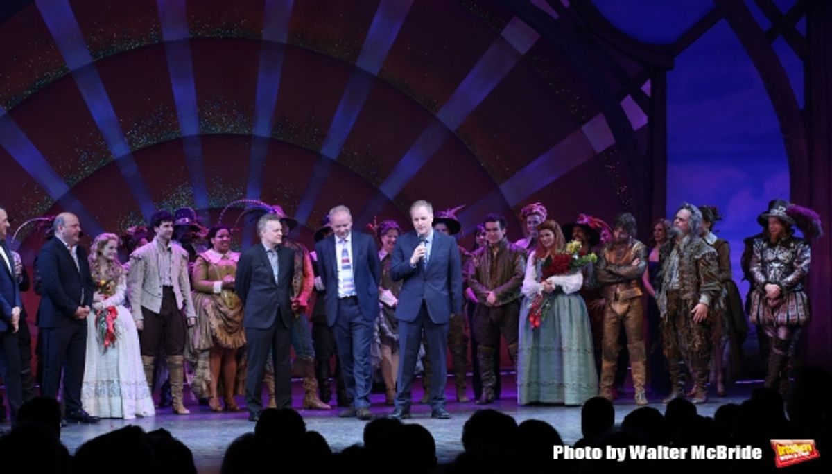 Kevin McCollum, Casey Nicholaw, John O''Farrell, Karey Kirkpatrick, Wayne Kirkpatrick with the cast  at 