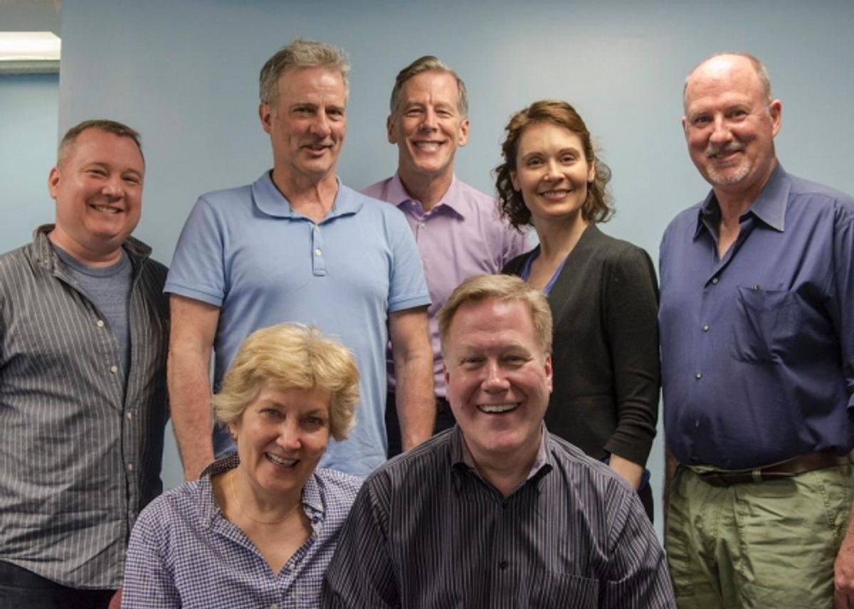 The cast of MALLORCA: (seated, l-r) Abingdon Artistic Director Jan Buttram and Director Donald Brenner; (standing, l-r) actors Rory Scholl, L.J. Ganser, Steven Hauck, Lisa Riegel, and Brian Russell.  at 