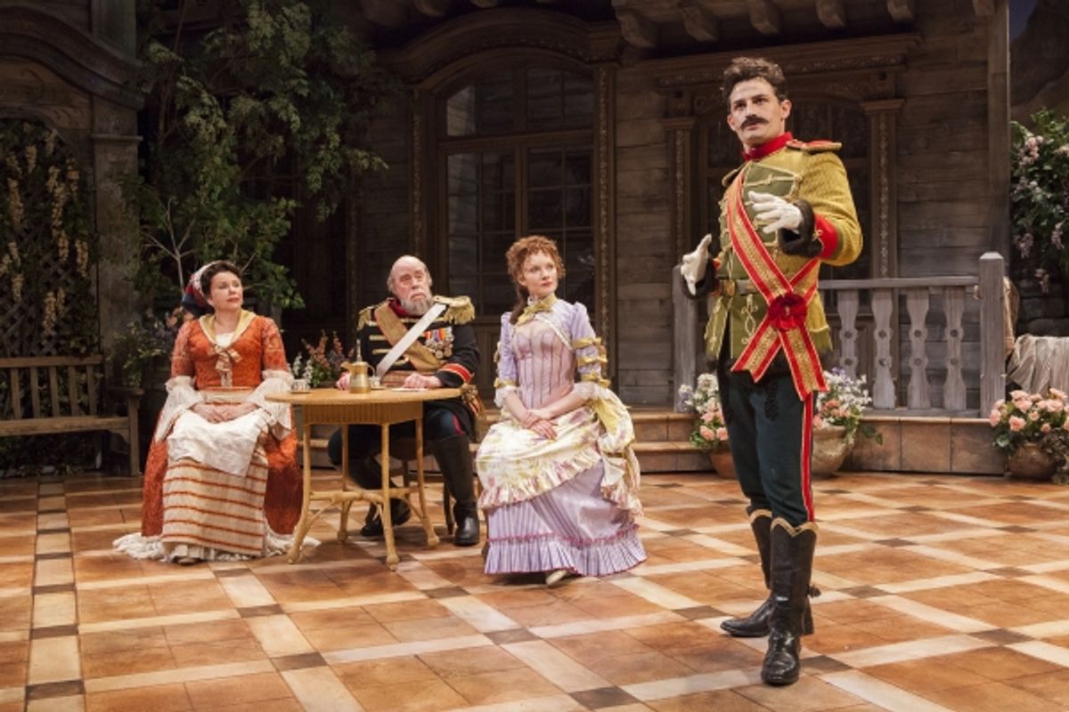 (from left) Marsha Mason as Catherine Petkoff, Conrad John Schuck as Major Paul Petkoff, Wrenn Schmidt as Raina Petkoff, and Enver Gjokaj as Major Sergius Saranoff at 