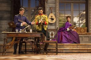 Zach Appelman as Captain Bluntschli, Enver Gjokaj as Major Sergius Saranoff, and Wrenn Schmidt as Raina Petkoff @ BroadwayWorld Zach Appelman as Captain Bluntschli, Enver Gjokaj as Major Sergius Saranoff, and Wren Photo