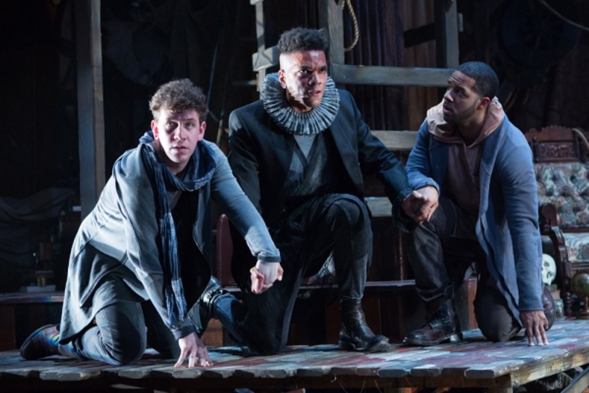 Guildenstern (Adam Wesley Brown, left) and Rosencrantz (Romell Witherspoon, right) try to assist their childhood friend Hamlet (Biko Eisen-Martin). at 