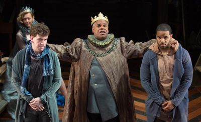 Claudius (Craig Wallace, center) directs Rosencrantz (Romell Witherspoon, right) and  Photo