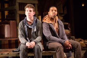 Guildenstern (Adam Wesley Brown, left) and Rosencrantz (Romell Witherspoon) try to figure out what their next plan of action will be. @ BroadwayWorld Guildenstern (Adam Wesley Brown, left) and Rosencrantz (Romell Witherspoon) try to fi Photo