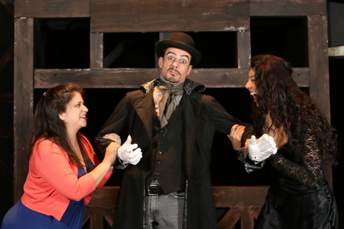 Christina Rios as Lucy Brown, Todd Schaefer as Capt. Macheath, and Cherlynn Alvarez as Polly Peachum at 