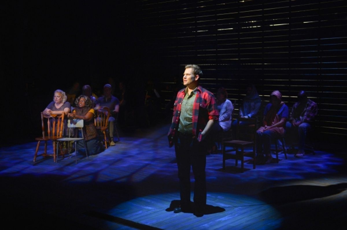 Chad Kimball (front) and the cast of La Jolla Playhouse''s world-premiere musical COME FROM AWAY at 