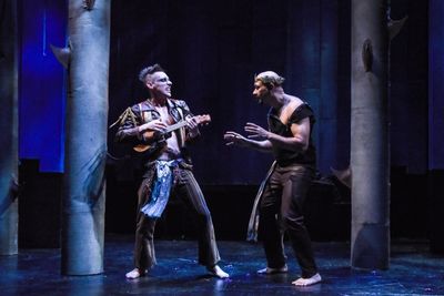 The musical Puck (Nick Cearley) discusses a play with Oberon (Andrew Guilarte). Photo