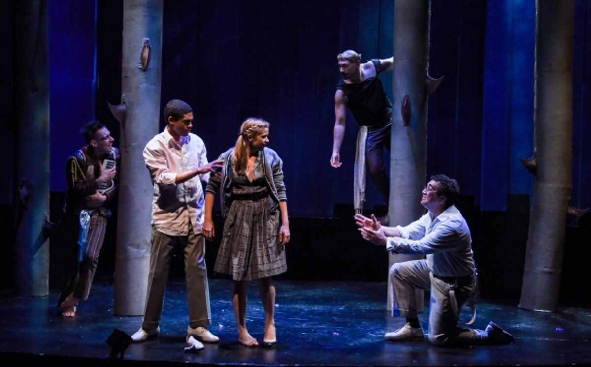 Puck (Nick Cearley) and Oberon (Andrew Guilarte) observe the Athenians, Lysander (Reynaldo Piniella), Helena (Becca Ballenger) and Demetrius (Emilio Tirado). at 