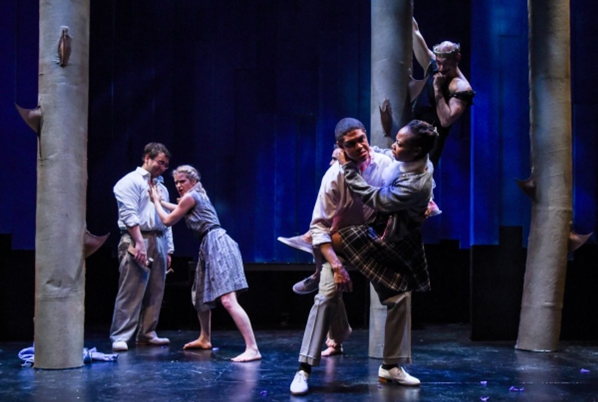 Oberon (Andrew Guilarte) observe the Lovers, Demetrius (Emilio Tirado) and Helena (Becca Ballenger), with Lysander (Reynaldo Piniella), and Hermia (Sheria Irving). at 