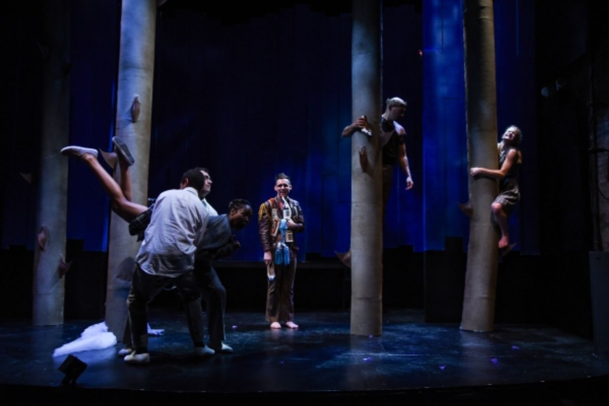 Oberon (Andrew Guilarte) observe the Lovers, Demetrius (Emilio Tirado) & Lysander (Reynaldo Piniella), holding off Hermia (Sheria Irving), as Helena (Becca Ballenger) flees up a tree. at 