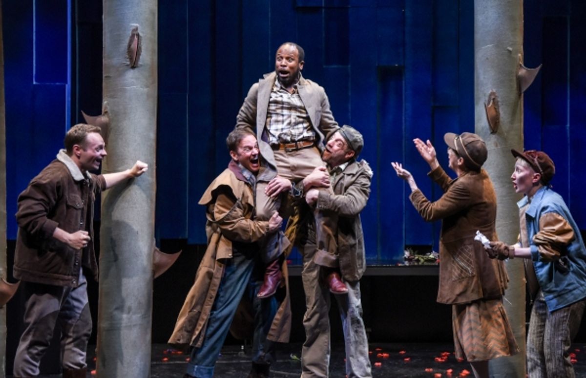 Jack Herholdt (as Snout) with Kevin Cristaldi (as Snug) and Lou Liberatore (as Peter Quince) holding up Warren Jackson (as Nick Bottom), with Jan Leslie Harding (as Robin Starveling) and Em Grosland (as Francis Flute) cheering on his return.   at 