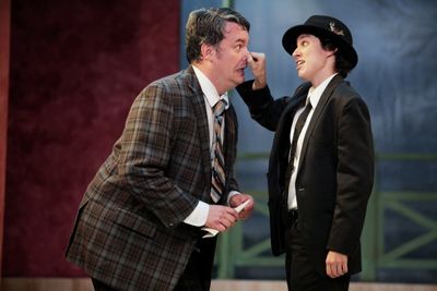Matthew Lewis Johnson as Francis Henshall and one of his ''guvnors'' Caitlin McWethy  Photo
