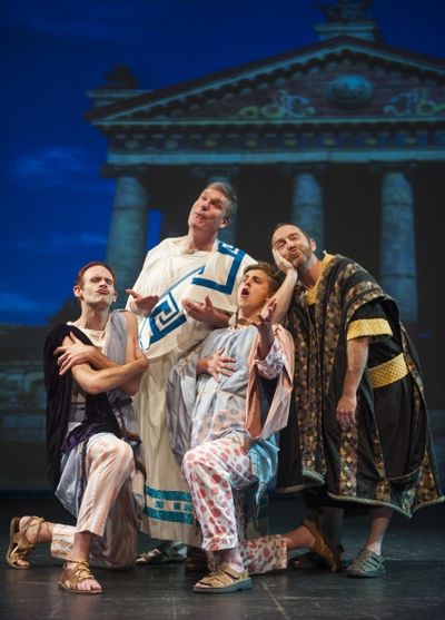 Pseudolus (Tomas Theriot), Senex (Todd Wright), Hysterium (Mike Meadors), and Marcus  Photo