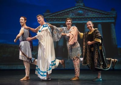 Pseudolus (Tomas Theriot), Senex (Todd Wright), Hysterium (Mike Meadors), and Marcus  Photo