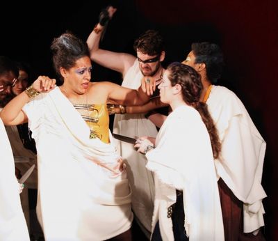 Dorbens Richardo Lemma (Trebonius), Erin Capistrano (Metellus Cimber) , Serena Miller Photo