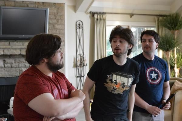 Justin Eberhard (Polonius), Jack Miller (Hamlet) and Kyle Smith (Horatio) in a scene  Photo