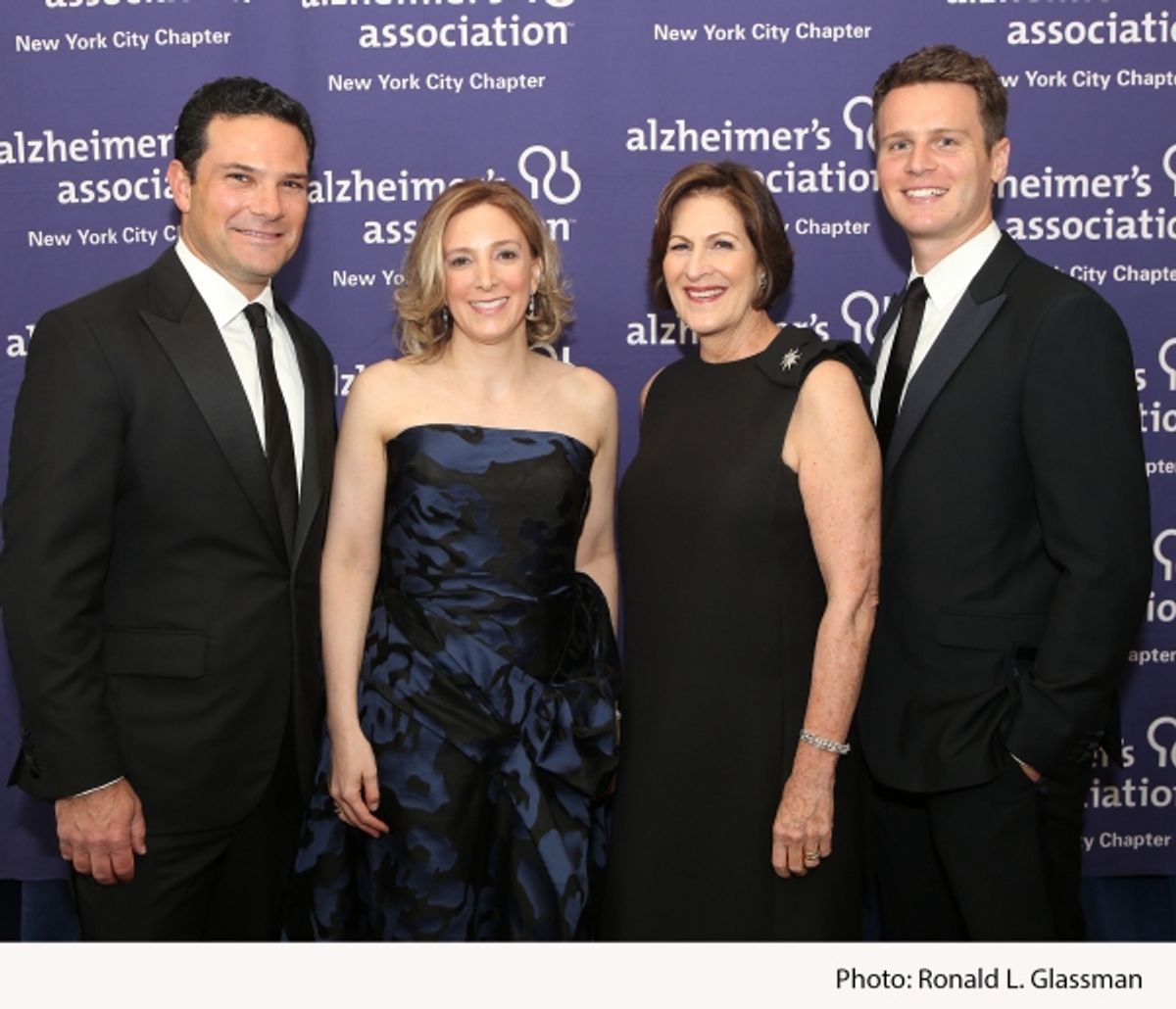 Jon Henes, Chapter Board Member; event chair Linda LaGorga, Chapter Board Member; Lou-Ellen Barkan, President and CEO of the Alzheimer''s Association, New York City Chapter; award-winning actor and event emcee Jonathan Groff
 at 