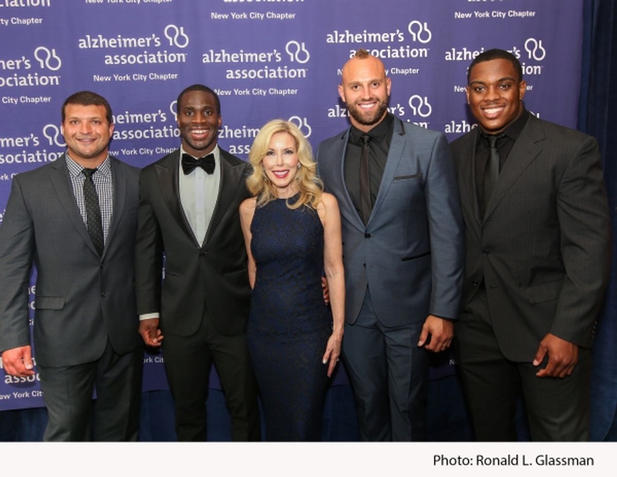 New York Giant fullback Henry Hynoski; New York Giant star cornerback Prince Amukamara; event honoree Kim Campbell, wife of Country Music Hall of Fame singer-songwriter Glen Campbell; New York Giant linebacker Mark Herzlich; New York Giant linebacker Devo at 