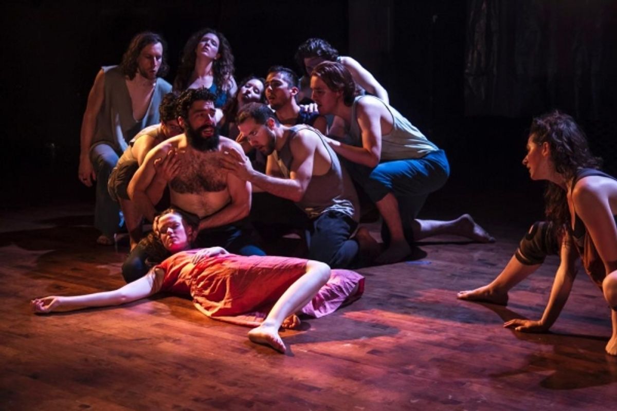 Thom Pasculli as Prospero, Dana Murphy as Miranda and McCambridge DowdÂ­-Whipple as Caliban with the ensemble of STORM at 