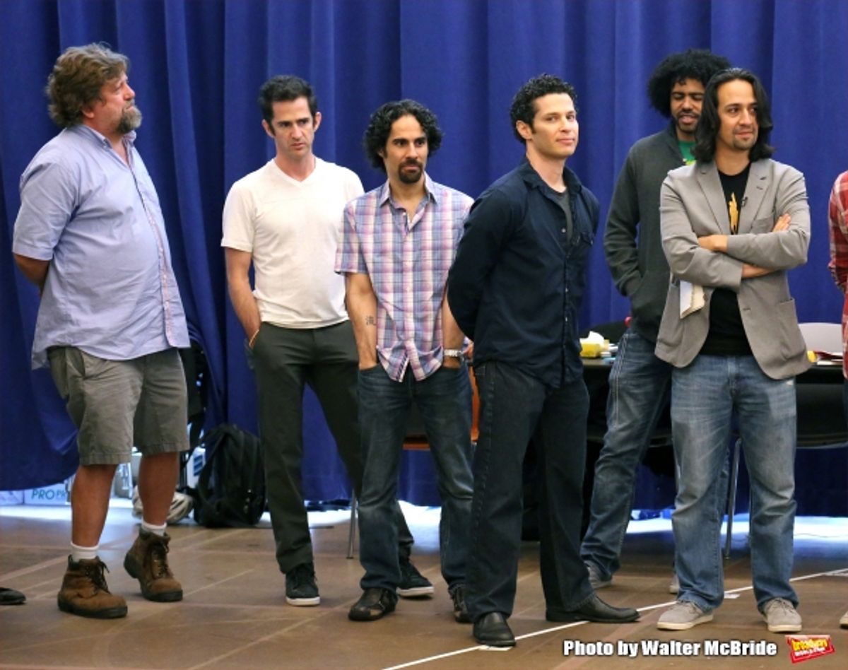 Oskar Eustis, Andy Blankenbuehler, Alex Lacamoire, Thomas Kail, Daveed Diggs, Lin-Manuel Miranda and cast  at 