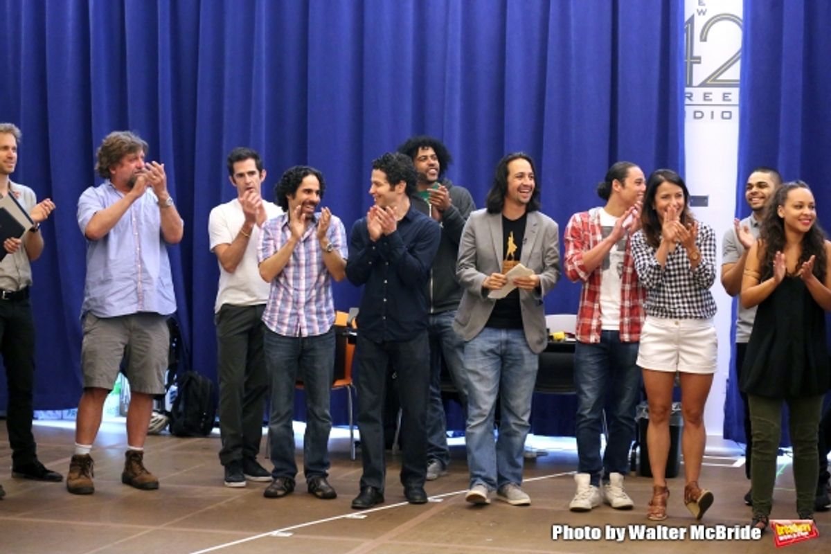 Oskar Eustis, Andy Blankenbuehler, Alex Lacamoire, Thomas Kail, Daveed Diggs, Lin-Manuel Miranda, Anthony Ramos and cast  at 