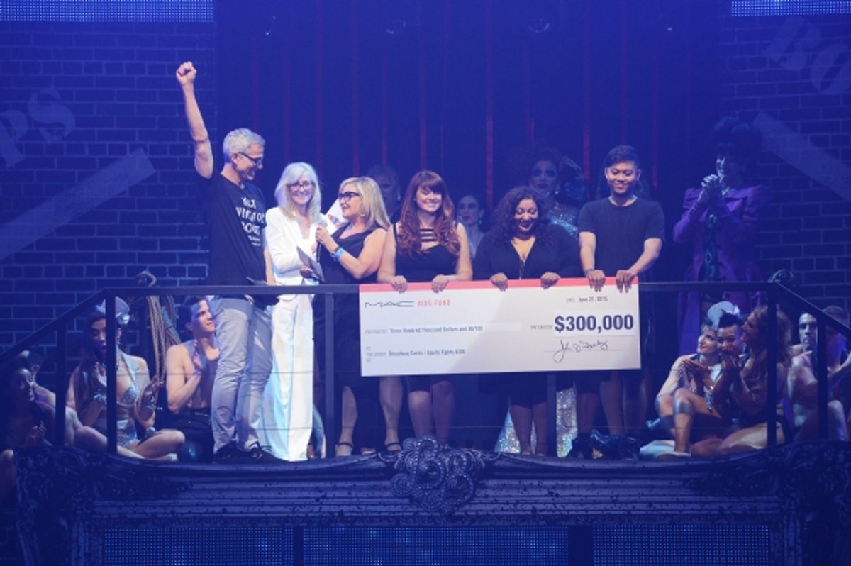 Presenting sponsor MAC VIVA Glam delivered a $300,000 check presented by Jennifer Balbier with Jerry Mitchell and Judith Light. Photo by Monica Simoes. at 