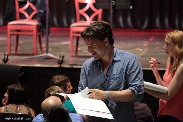 Hunter Foster (center) and Laura Jordan, chat with the audience as they gather words  Photo