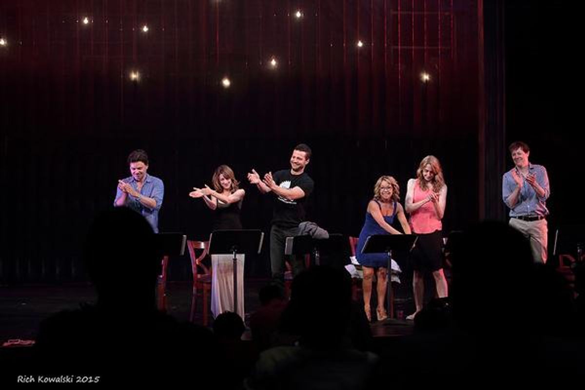 The cast returns the audience''s standing ovation.(l to r) Hunter Foster, Kate Wetherhead, Justin Guarini, Jennifer Cody, Laura Jordan & John Bolton at 
