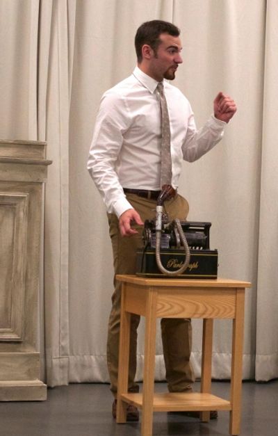 Jake Robertson as Henry Higgins in a rehearsal for Pygmalion. Photo