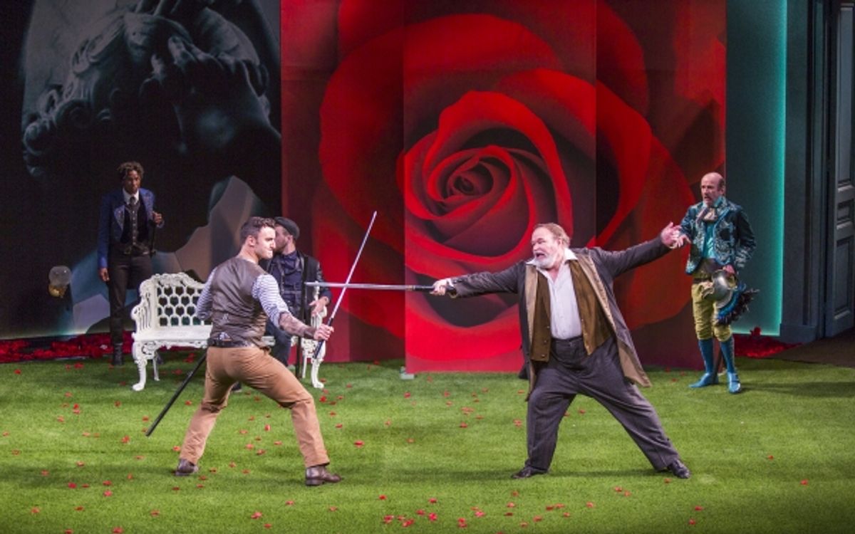 (foreground, from left) Lowell Byers as Antonio and Tom McGowan as Sir Toby Belch with (background) Rutina Wesley as Viola, Daniel Petzold as Fabian, and Patrick Kerr as Andrew Aguecheek at 