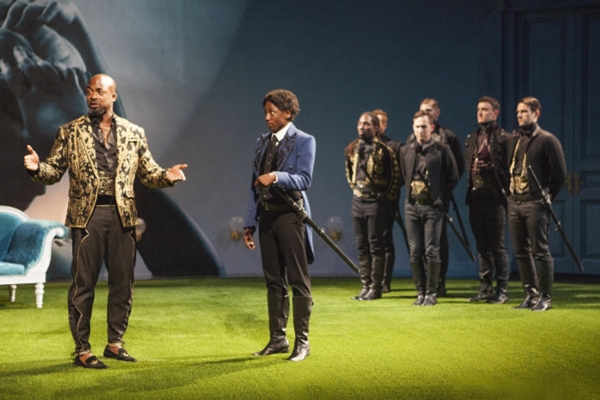 (foreground) Terence Archie as Orsino and Rutina Wesley as Viola with the cast of TWELFTH NIGHT at 