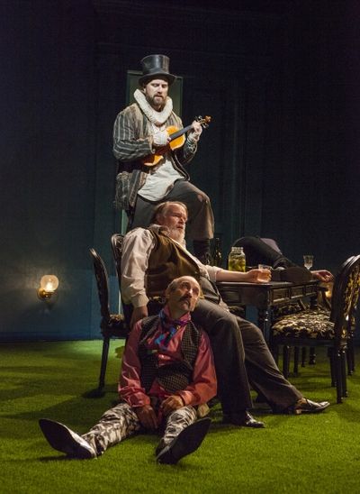 (from top) Manoel Felciano as Feste, Tom McGowan as Sir Toby Belch, and Patrick Kerr  Photo
